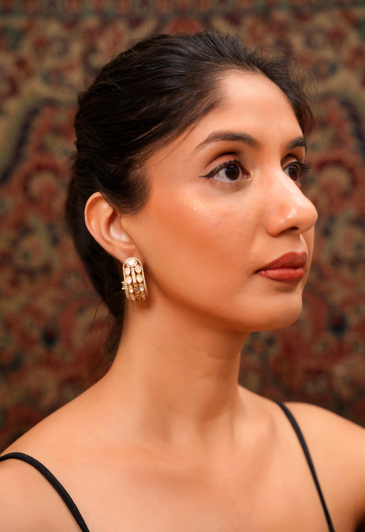 22K Gold-Plated Moissanite Polki Half-Hoop Earrings with American Diamond Pavé — Contemporary Chic