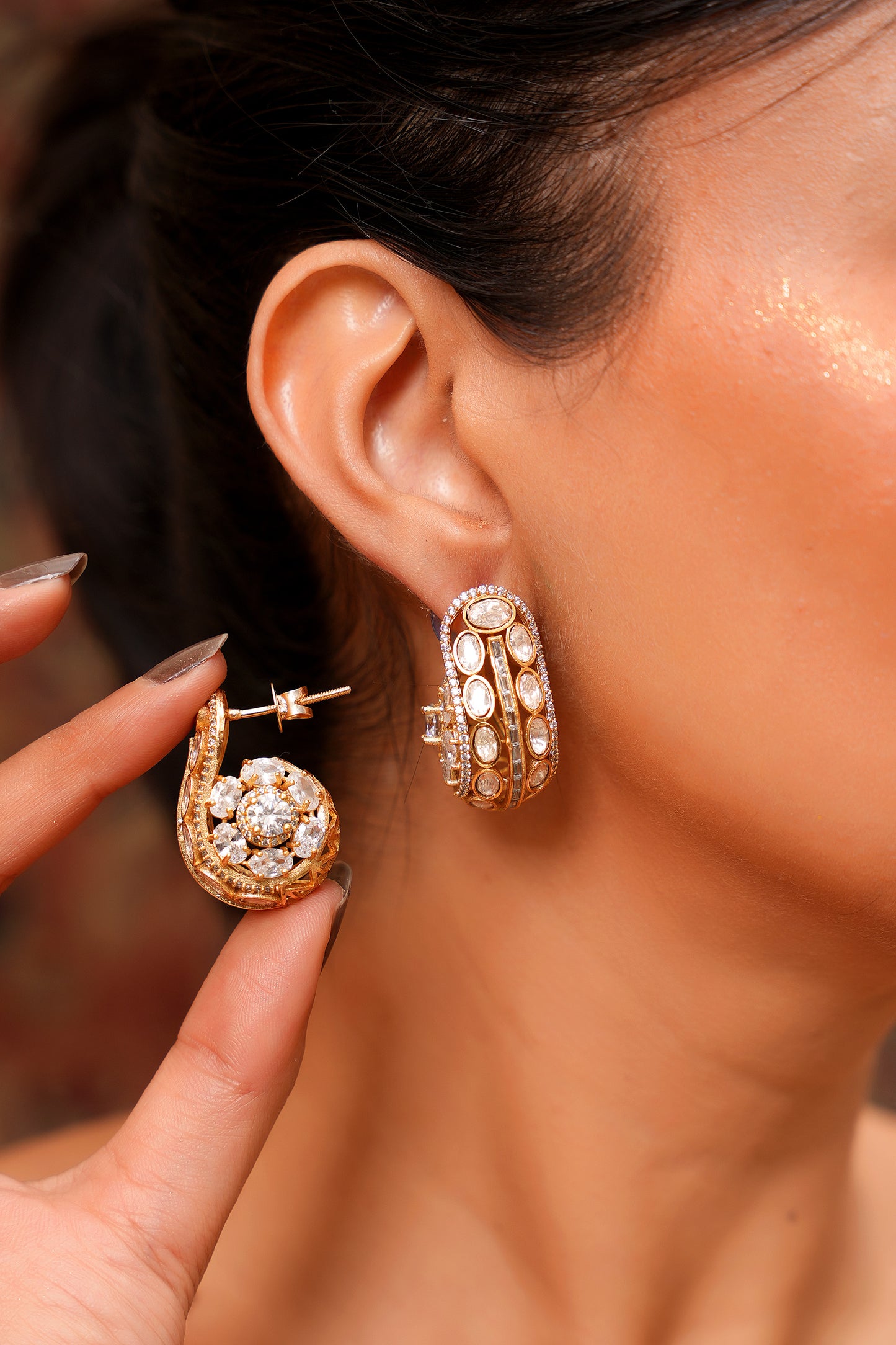 22K Gold-Plated Moissanite Polki Half-Hoop Earrings with American Diamond Pavé — Contemporary Chic