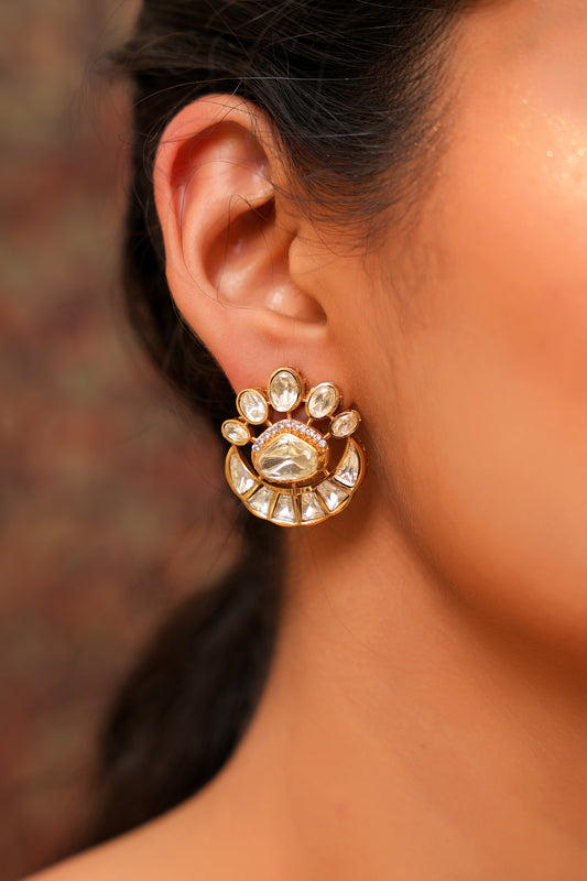 Gold-Plated Moissanite Polki Fan Stud Earrings with American Diamond Halo — Mughal Festive