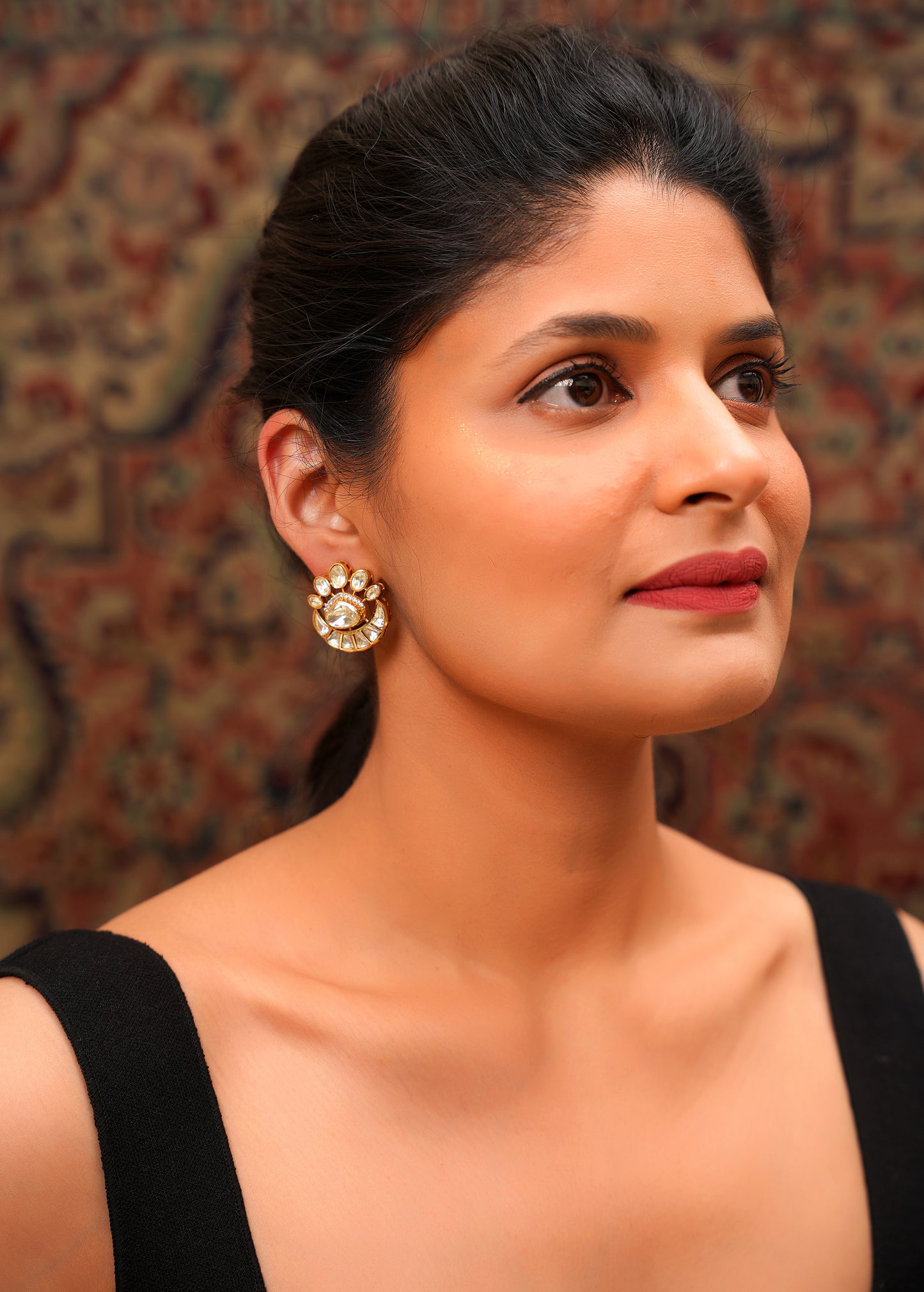 Gold-Plated Moissanite Polki Fan Stud Earrings with American Diamond Halo — Mughal Festive