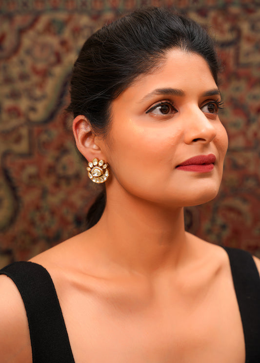 Gold-Plated Moissanite Polki Fan Stud Earrings with American Diamond Halo — Mughal Festive