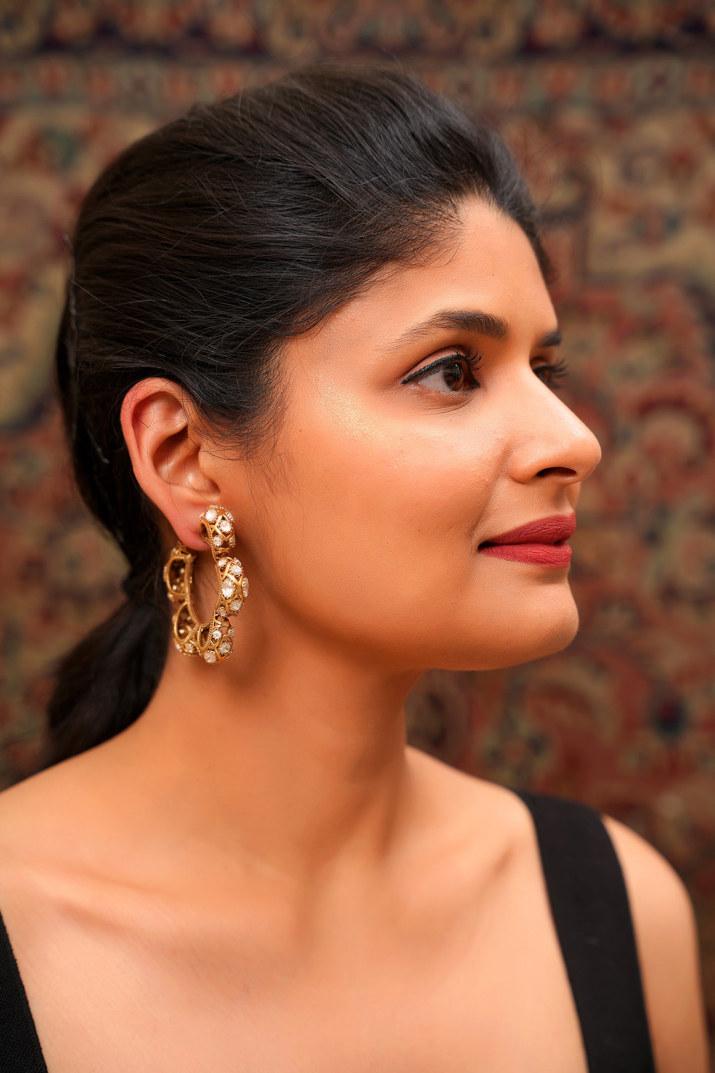 Maximalist 22K Antique Gold Finish Moissanite Polki Open Hoop Earrings — Mughal Heritage Statement