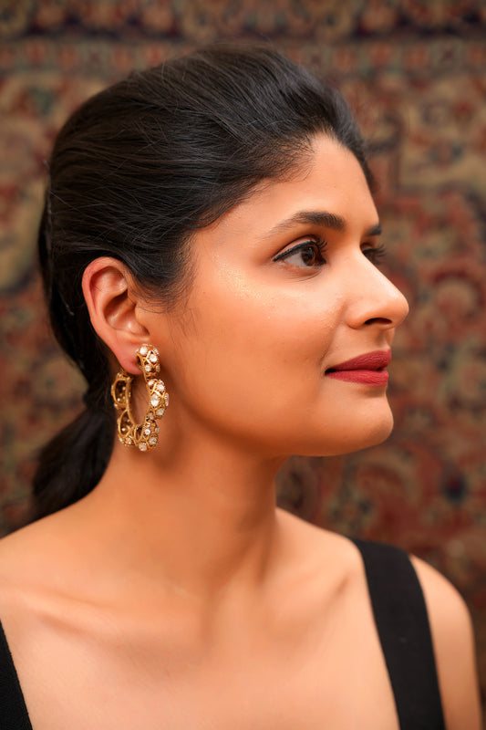 Maximalist 22K Antique Gold Finish Moissanite Polki Open Hoop Earrings — Mughal Heritage Statement