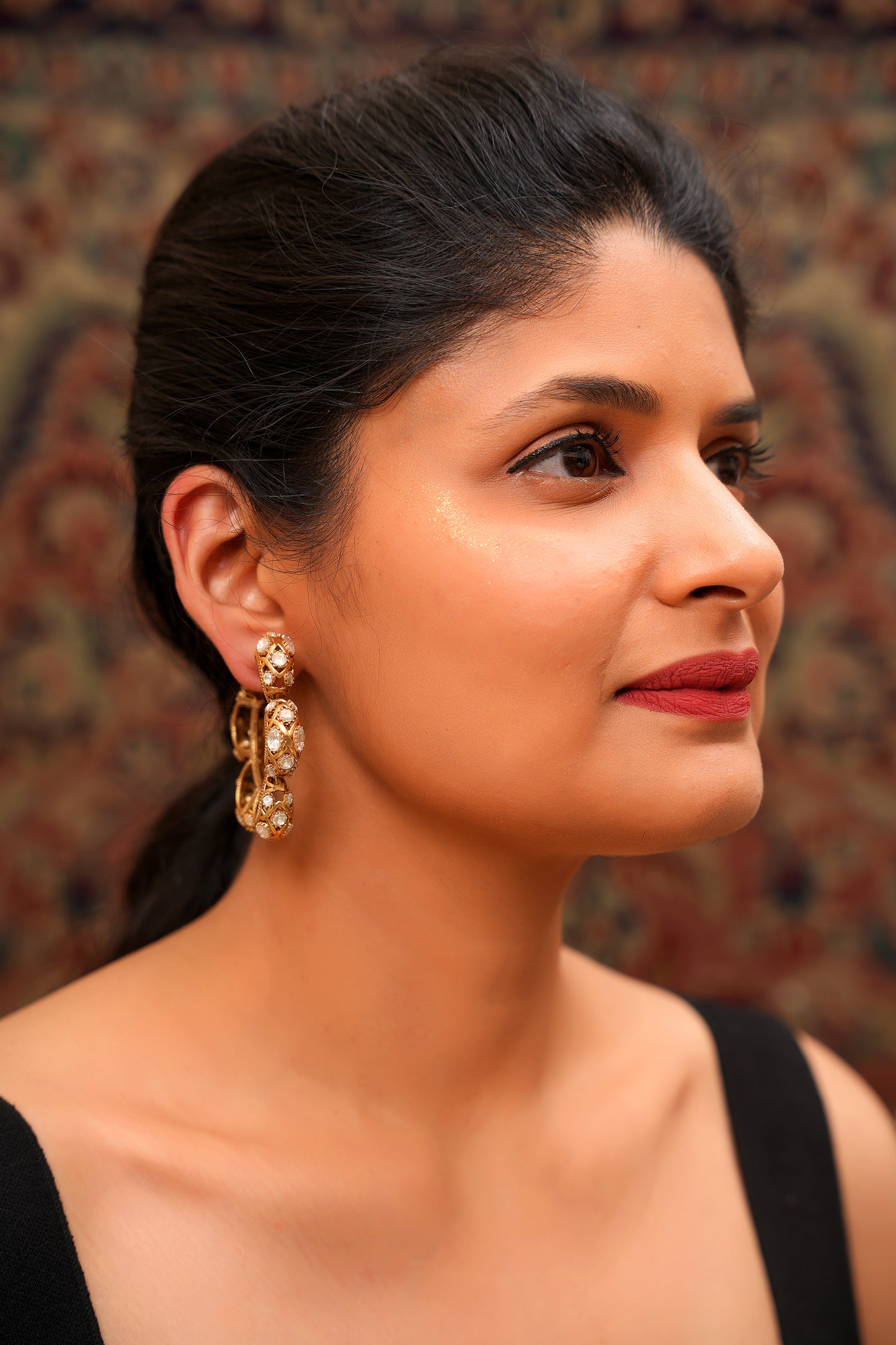 Maximalist 22K Antique Gold Finish Moissanite Polki Open Hoop Earrings — Mughal Heritage Statement