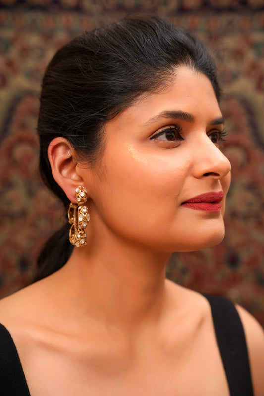 Maximalist 22K Antique Gold Finish Moissanite Polki Open Hoop Earrings — Mughal Heritage Statement