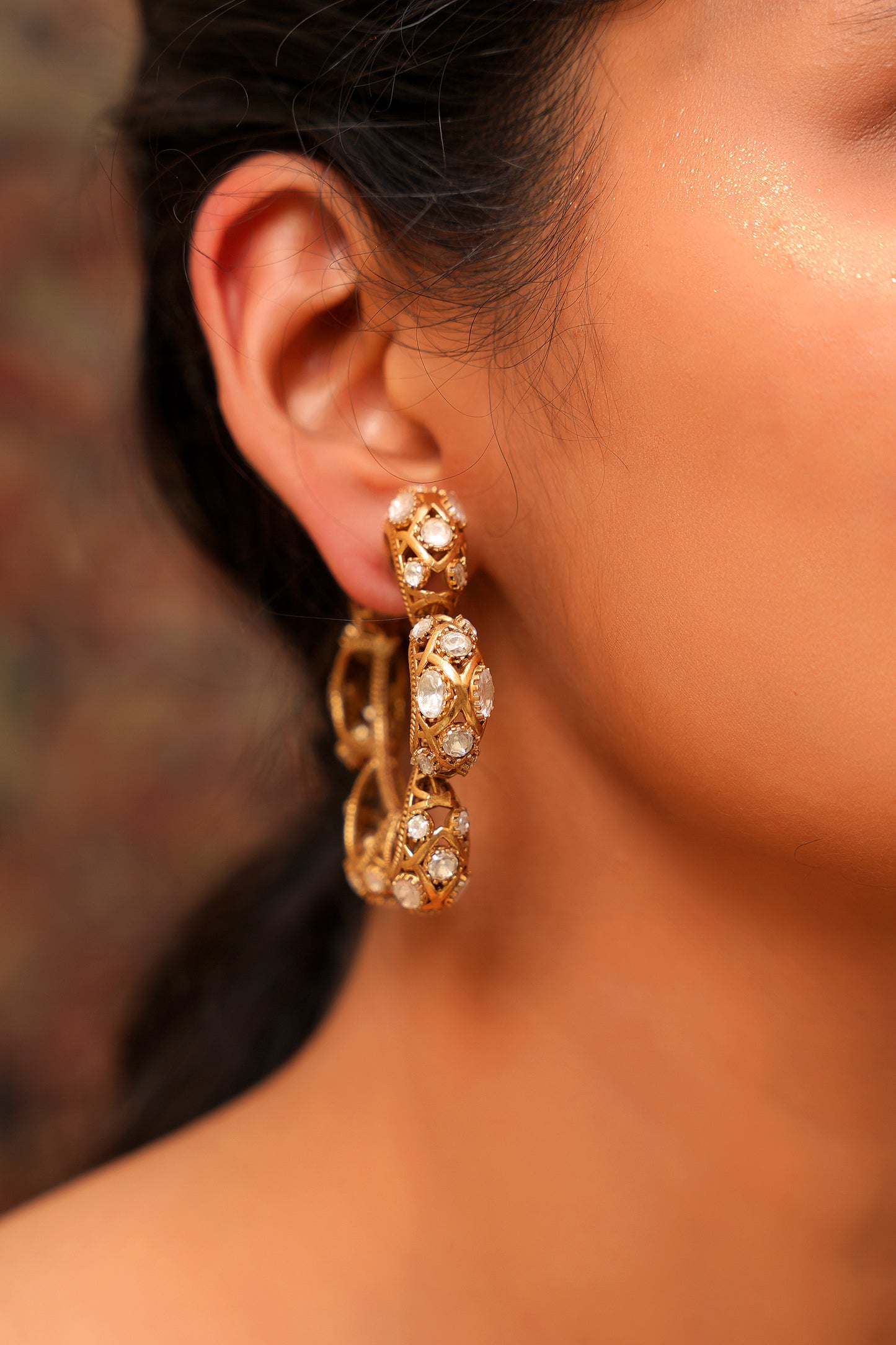 Maximalist 22K Antique Gold Finish Moissanite Polki Open Hoop Earrings — Mughal Heritage Statement