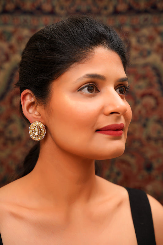 Gold-Plated Moissanite Polki Oval Disc Stud Earrings — Mughal Heirloom Statement