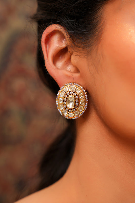 Gold-Plated Moissanite Polki Oval Disc Stud Earrings — Mughal Heirloom Statement
