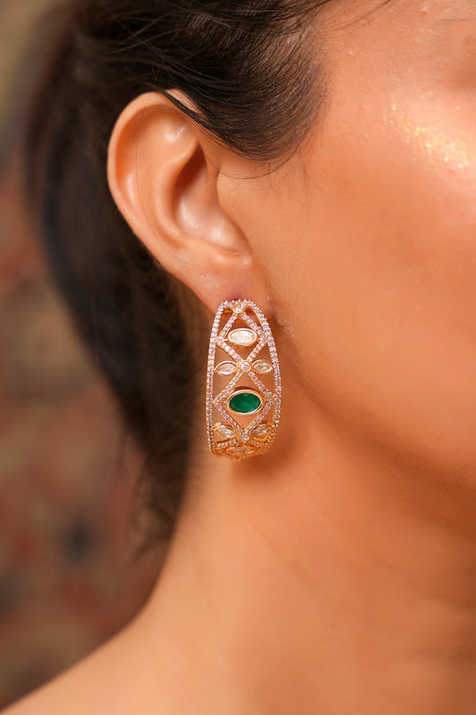 Emerald-Green Agate & American Diamond Jali Hoop Earrings in 22K Gold Finish