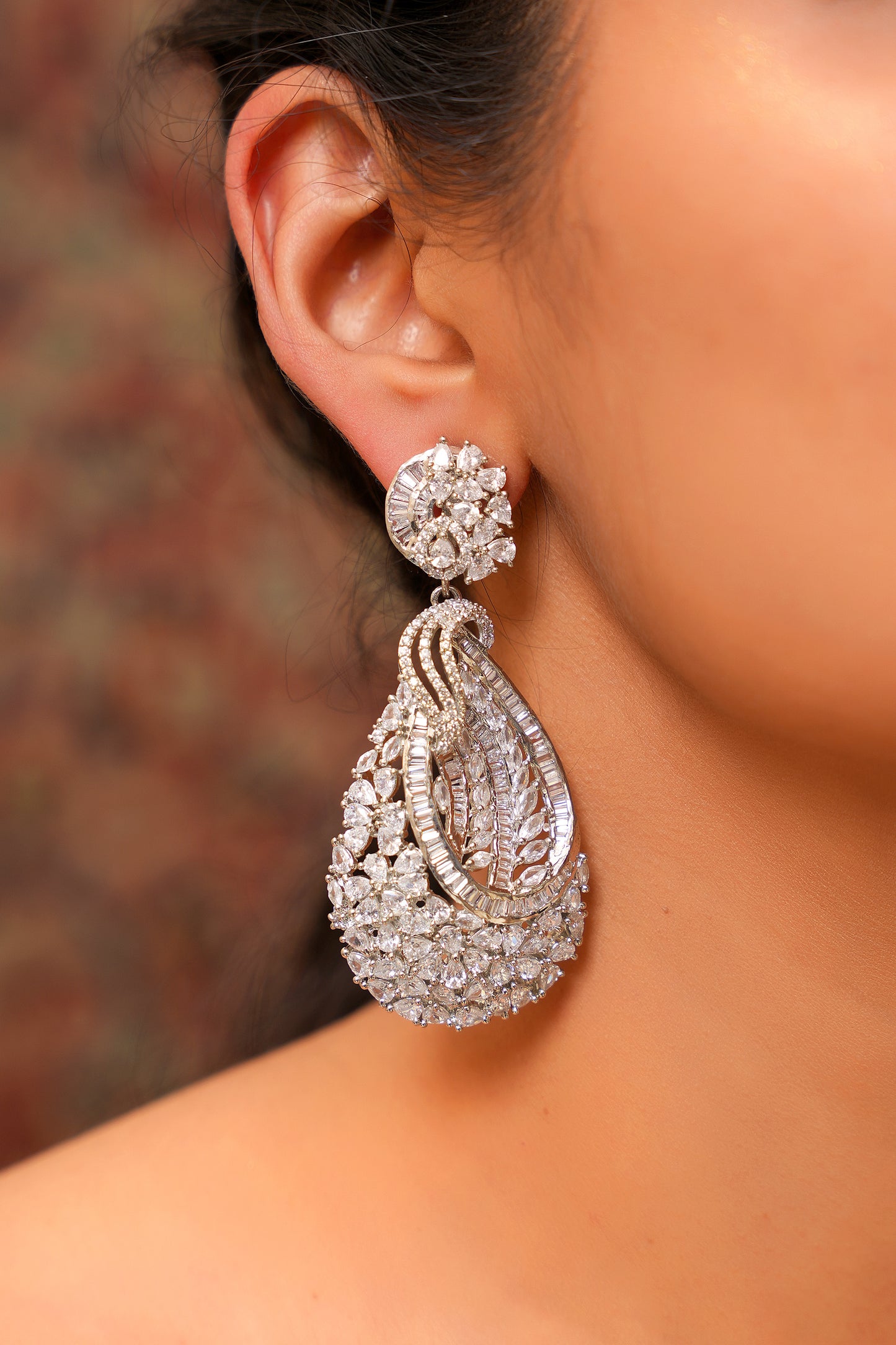 Statement American Diamond Chandelier Drop Earrings in Silver Finish — Bridal Crystal Dangle Earrings