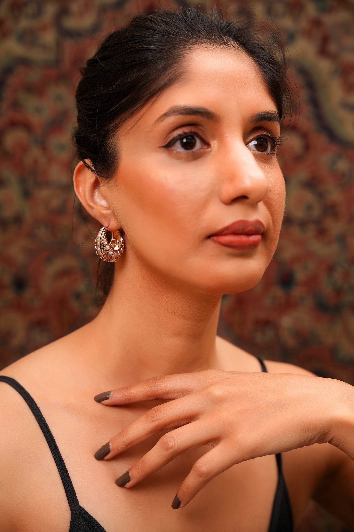 22K Gold-Finish Moissanite Polki & American Diamond Hoop Earrings with Engraved Botanical Forms — Contemporary Chic