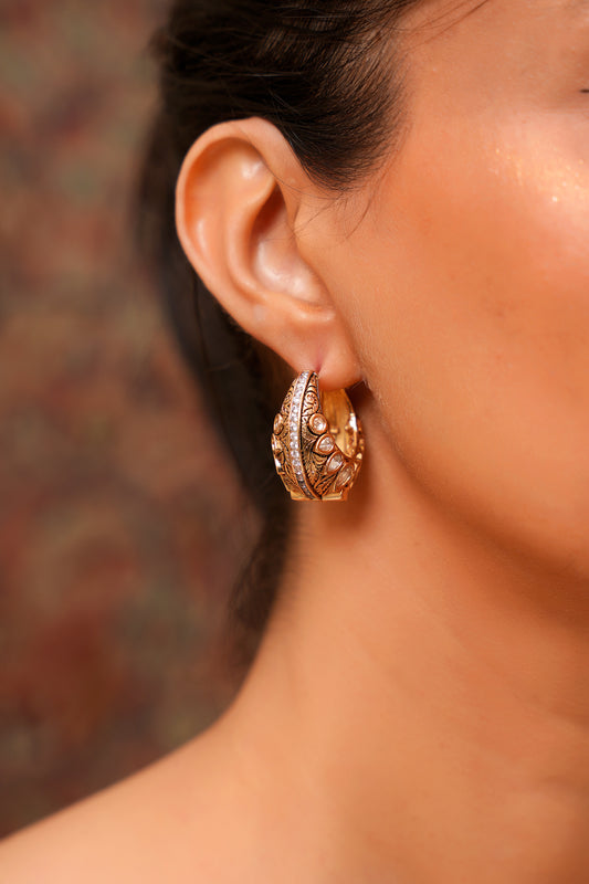 22K Gold-Finish Moissanite Polki & American Diamond Hoop Earrings with Engraved Botanical Forms — Contemporary Chic