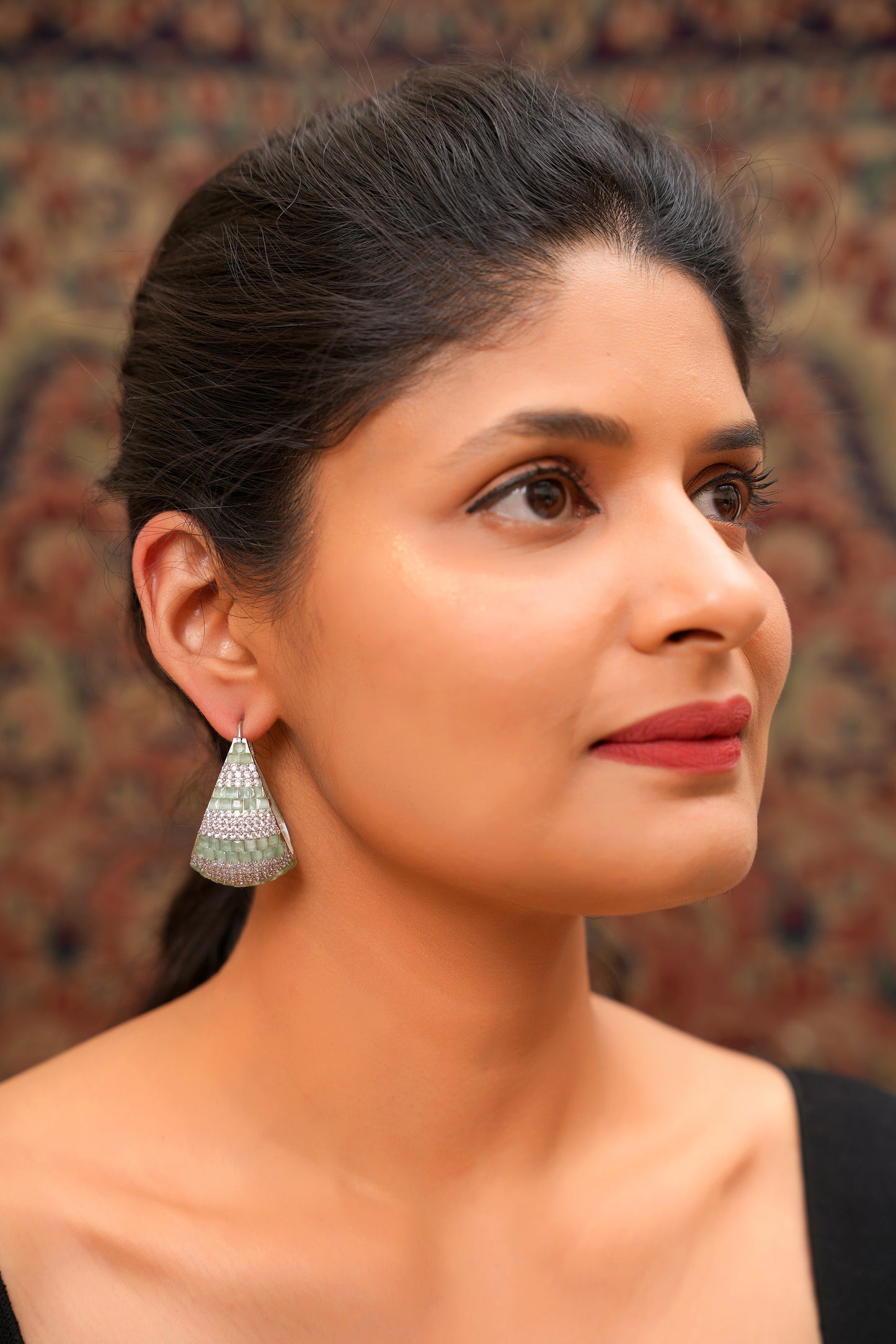 Sage Green Agate & American Diamond Geometric Jali Statement Earrings in Silver Finish