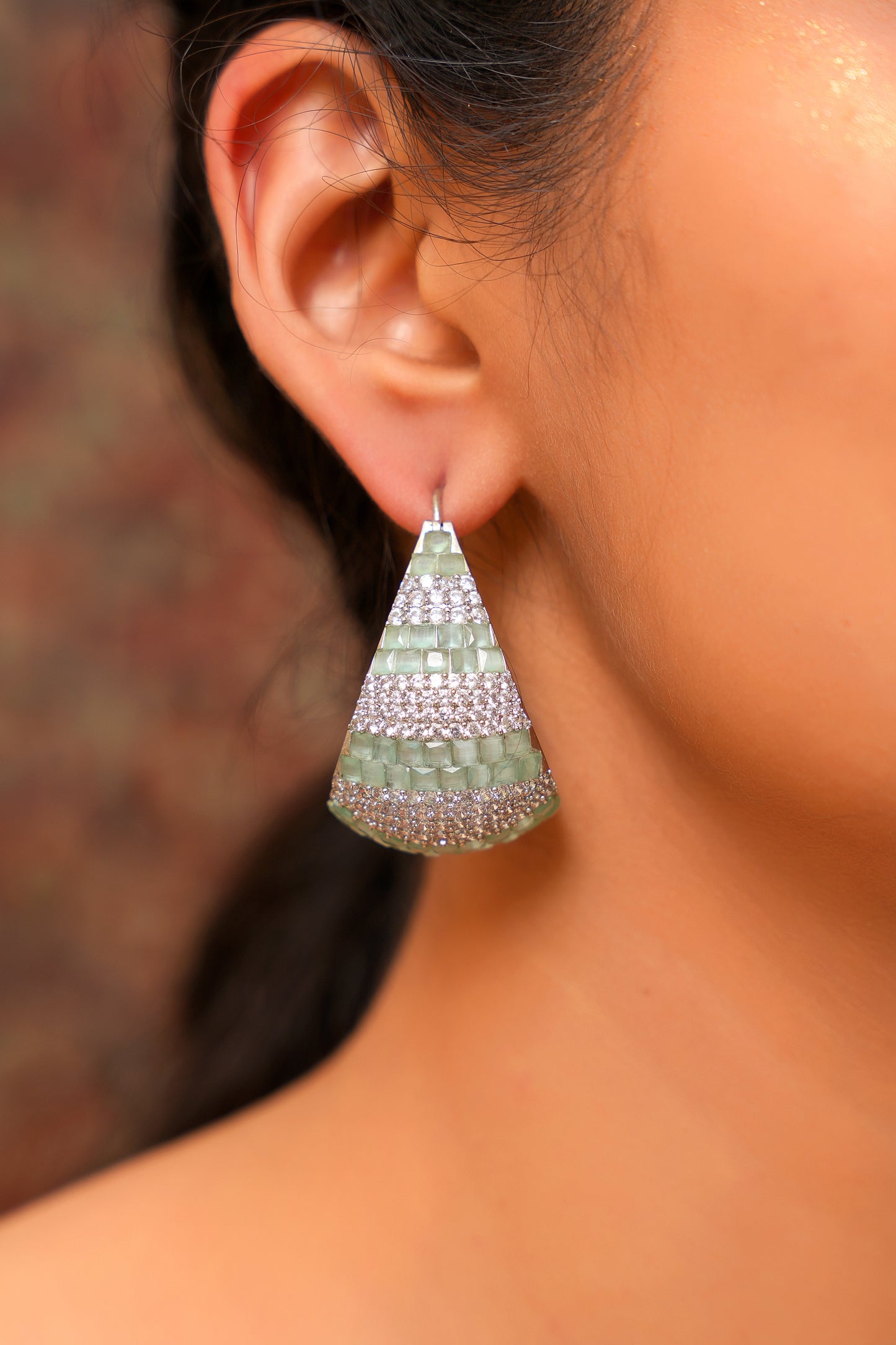 Sage Green Agate & American Diamond Geometric Jali Statement Earrings in Silver Finish