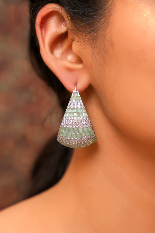 Sage Green Agate & American Diamond Geometric Jali Statement Earrings in Silver Finish