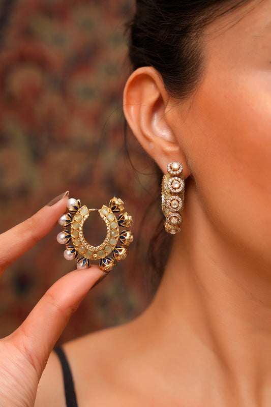 22K Gold Finish Jadau Moissanite Polki Bali Hoop Earrings with Pearl Drops and Blue Meenakari — Rajasthani Festive