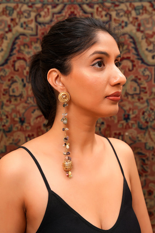 Cresecent Moon and Star Stud Long Drop Earrings with Raw Amethyst, Pale Jade, and Tourmaline  — Boho Luxe