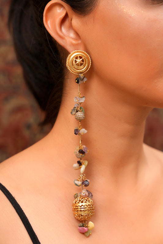 Cresecent Moon and Star Stud Long Drop Earrings with Raw Amethyst, Pale Jade, and Tourmaline  — Boho Luxe
