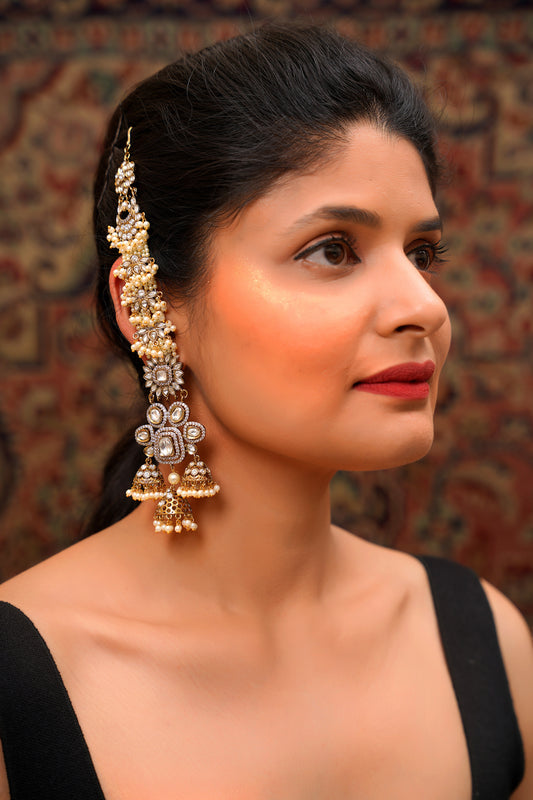 Gold-Plated Moissanite Polki & Pearl Ear Cuff with Triple Jhumka Drop — Bridal Statement