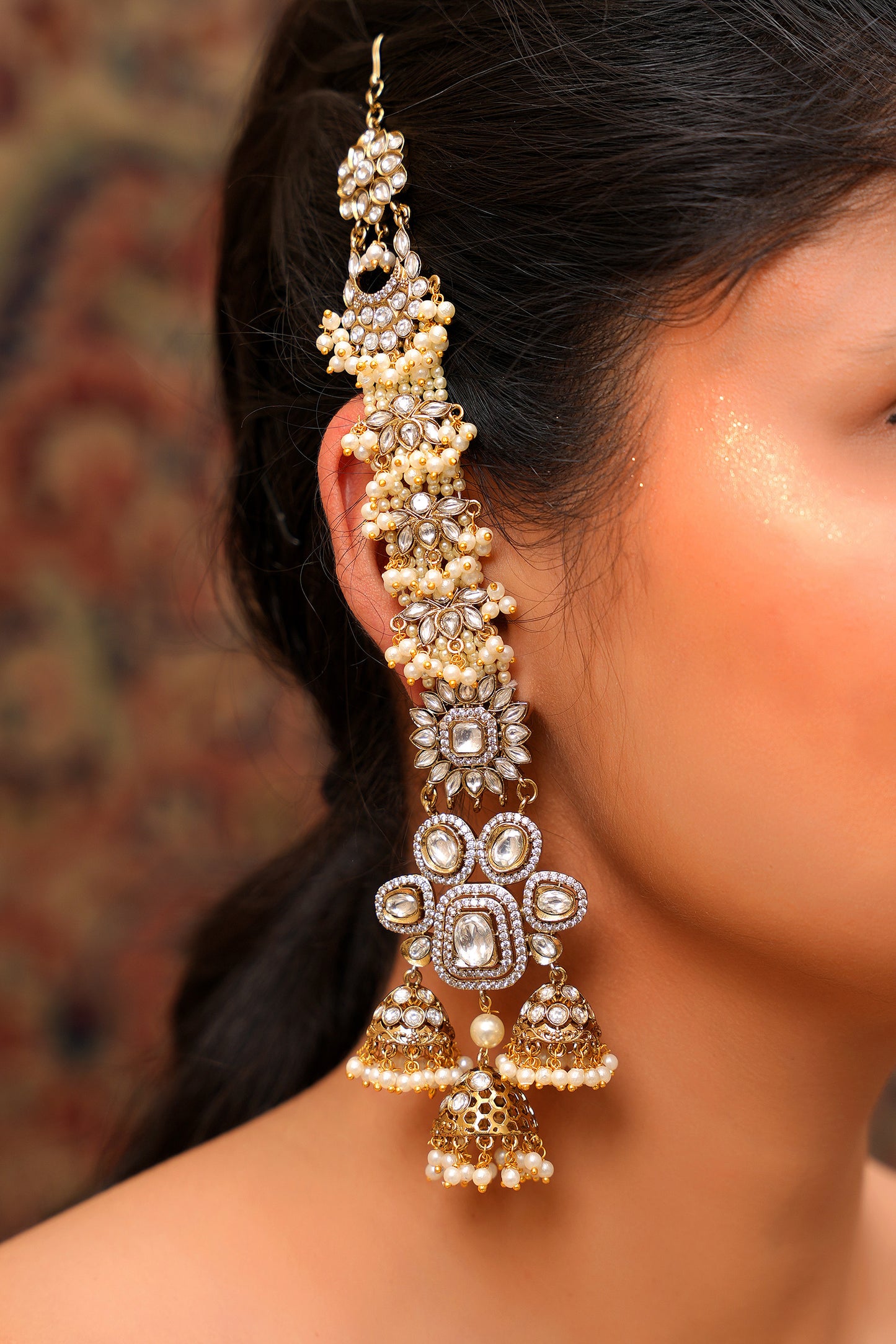 Gold-Plated Moissanite Polki & Pearl Ear Cuff with Triple Jhumka Drop — Bridal Statement