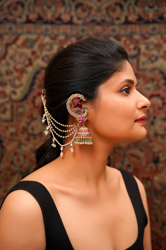 22K Gold Finish Moissanite Polki Ruby Ear Cuff Jhumka with Seed Pearl Cascade Chain — Mughal Bridal Statement