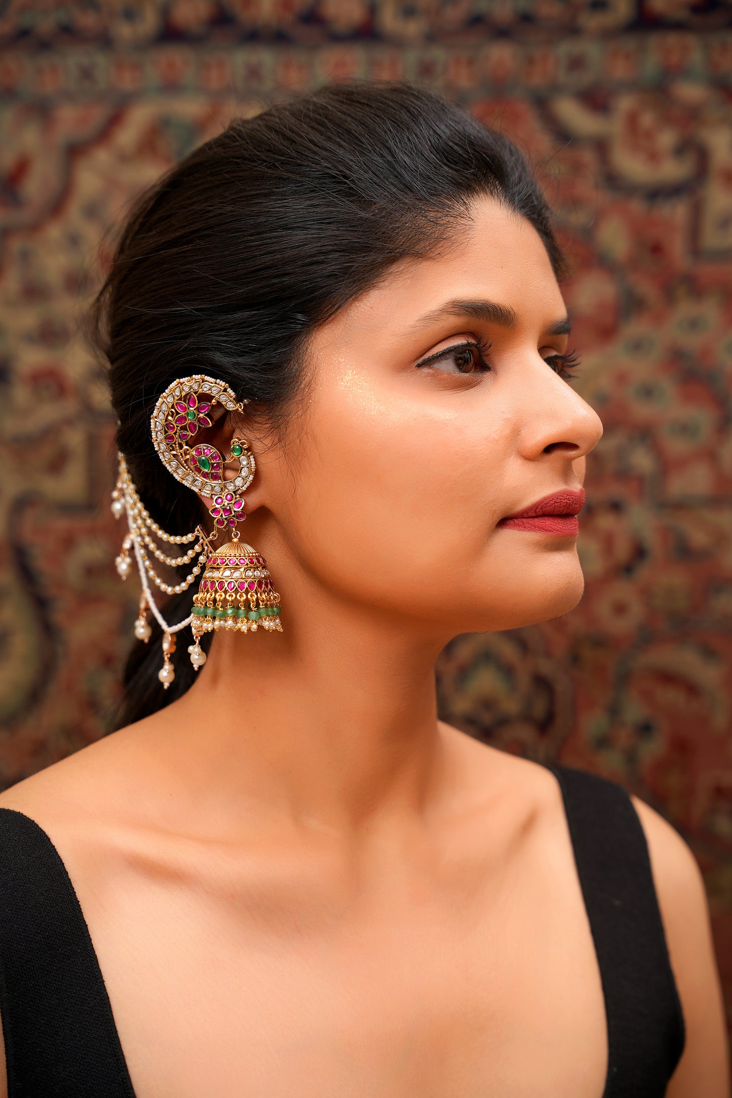 22K Gold Finish Moissanite Polki Ruby Ear Cuff Jhumka with Seed Pearl Cascade Chain — Mughal Bridal Statement