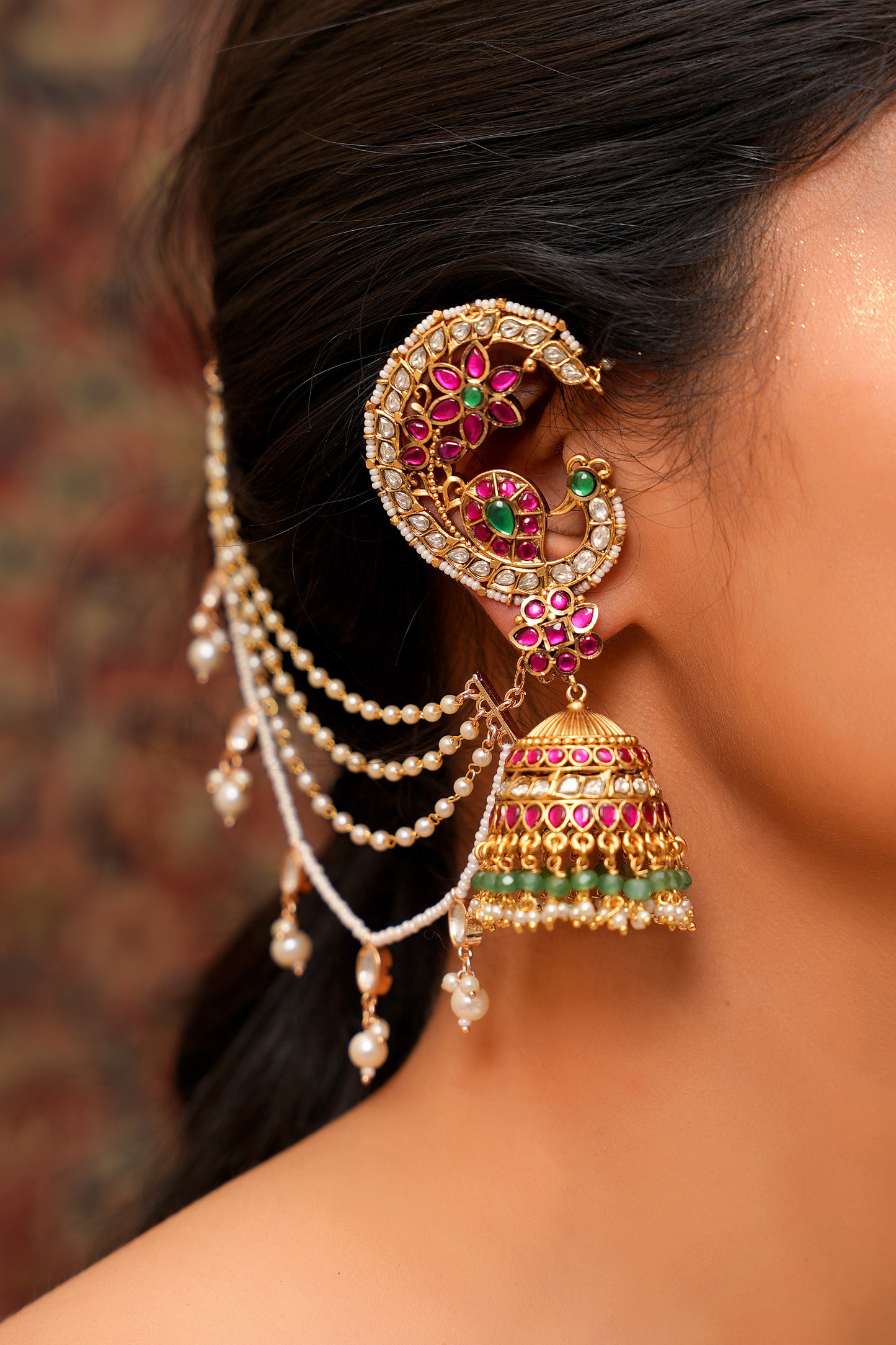 22K Gold Finish Moissanite Polki Ruby Ear Cuff Jhumka with Seed Pearl Cascade Chain — Mughal Bridal Statement