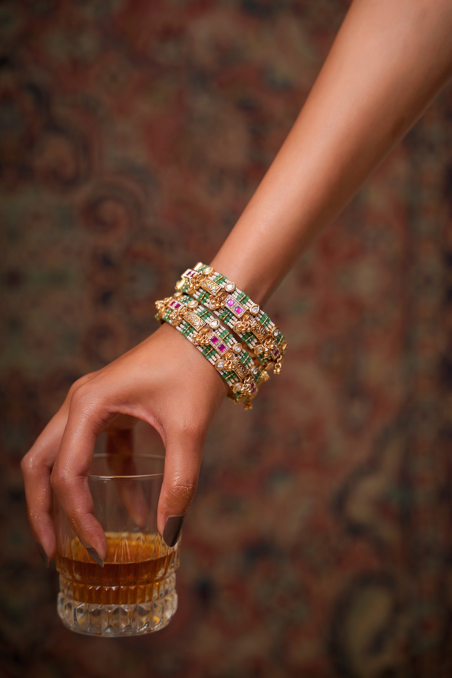 Gold-Plated Moissanite Polki & Ruby Bangle with Emerald Bead & Pearl Detail Kangan Bangles (Set of 2) — Artisanal Heritage