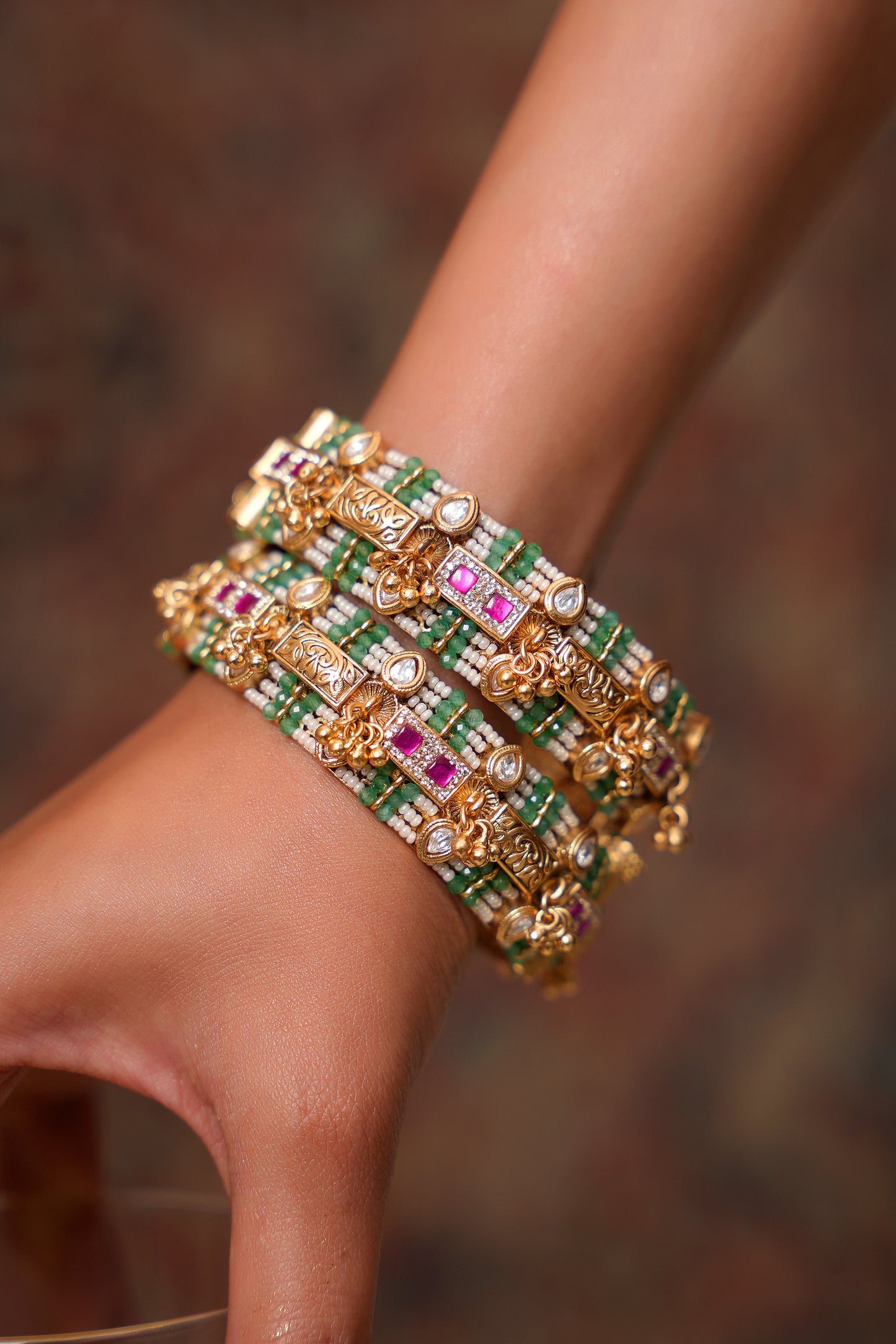 Gold-Plated Moissanite Polki & Ruby Bangle with Emerald Bead & Pearl Detail Kangan Bangles (Set of 2) — Artisanal Heritage