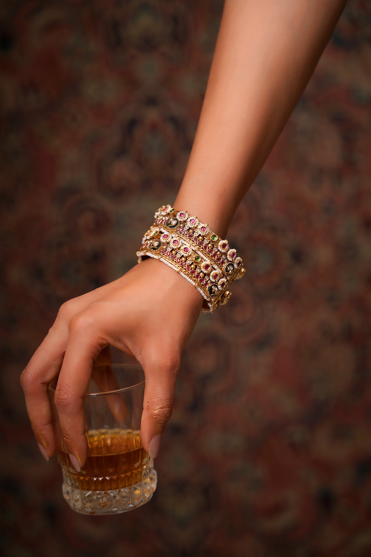 Moissanite Polki and Ruby-Emerald Rajwadi Kada in 22 Karat Gold-Plating with Seed Pearl Edging — Rajwada Statement Jewellery