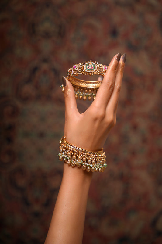 Gold-Plated Moissanite Polki & Ruby Openwork Bangle with Pearl-Drop Fringe — Bridal Cuff