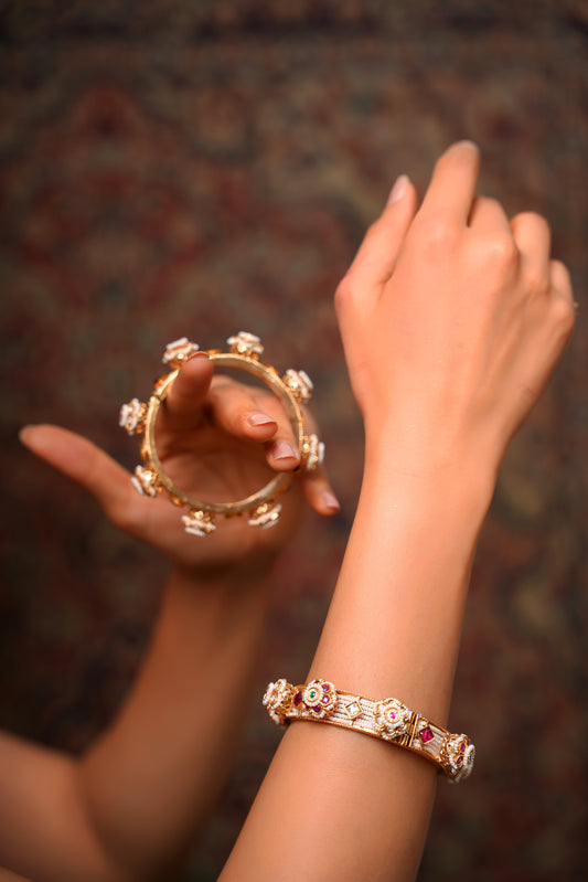 22K Gold-Plated Pearlwork Kada Bangles with Ruby, Green Agate & Moissanite Polki Florals (Set of 2) — Mughal Revival