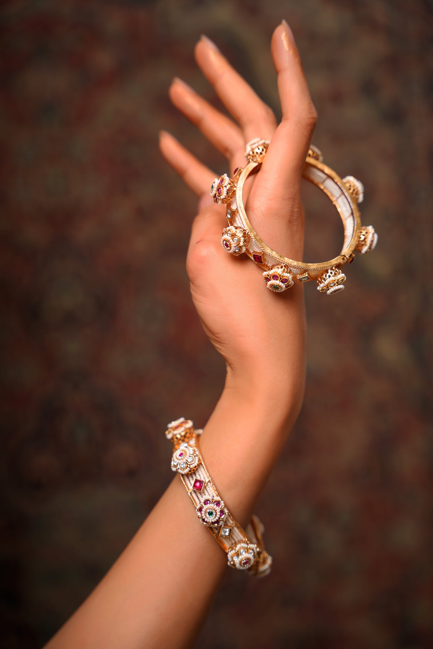 22K Gold-Plated Pearlwork Kada Bangles with Ruby, Green Agate & Moissanite Polki Florals (Set of 2) — Mughal Revival