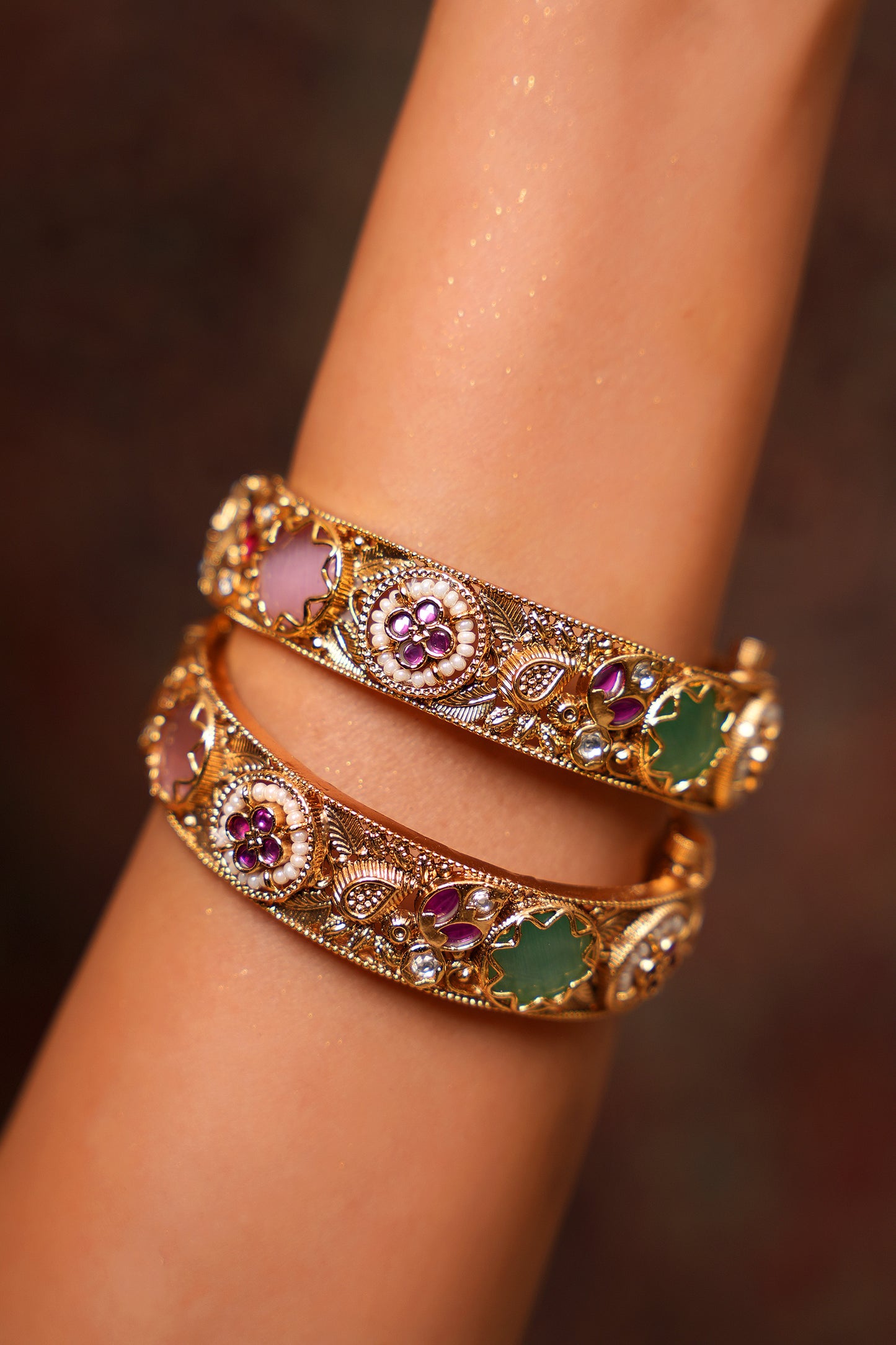 Gold-Plated Green Agate & Rose Quartz Jaali Kada Bangles (Set of 2) — Jaipur Revival Statement