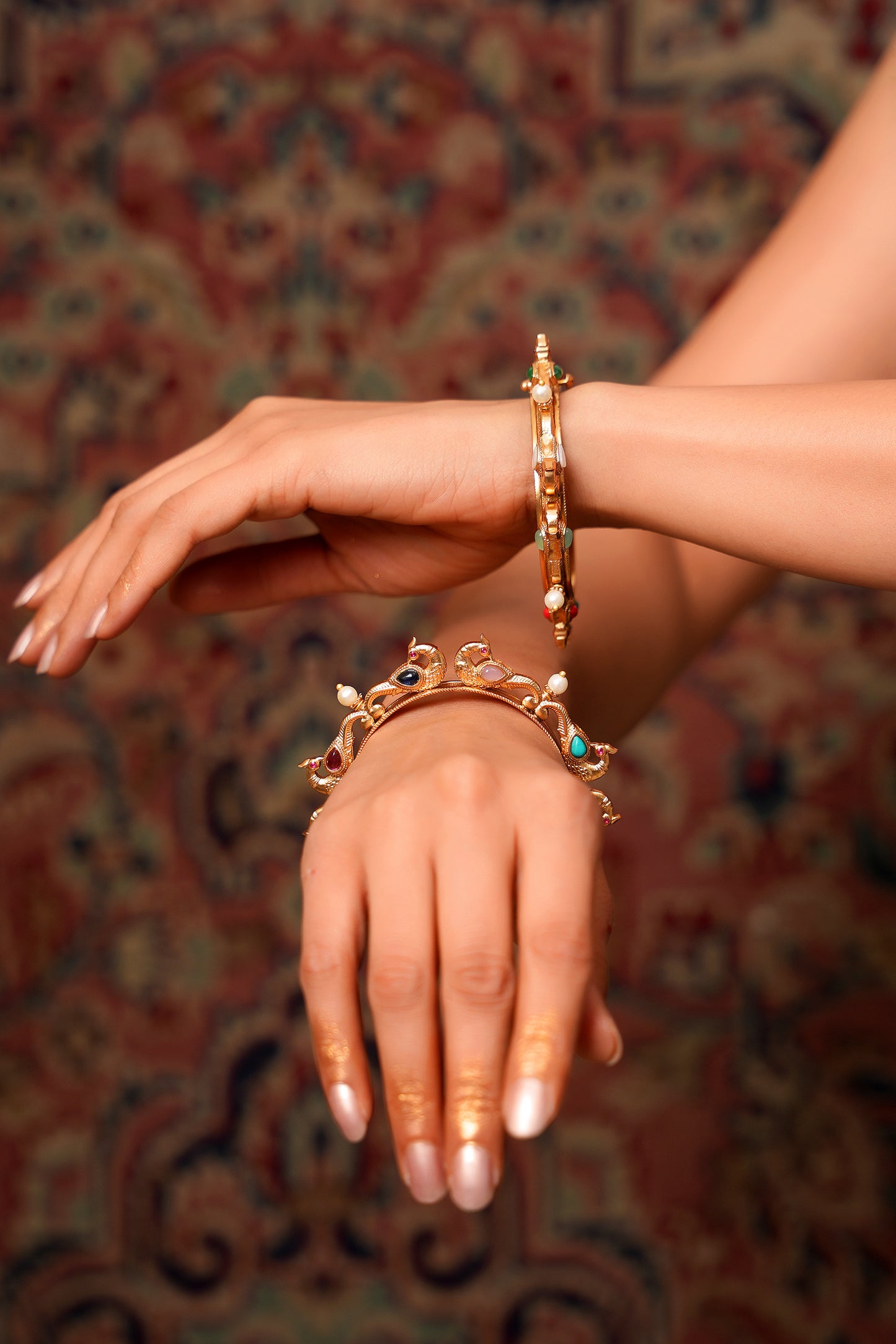 Hand-carved Navratna Peacock Kada & Multi-Stone Bangle Set — Heritage Hand Jewellery (Set of 2)