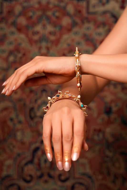 Hand-carved Navratna Peacock Kada & Multi-Stone Bangle Set — Heritage Hand Jewellery (Set of 2)