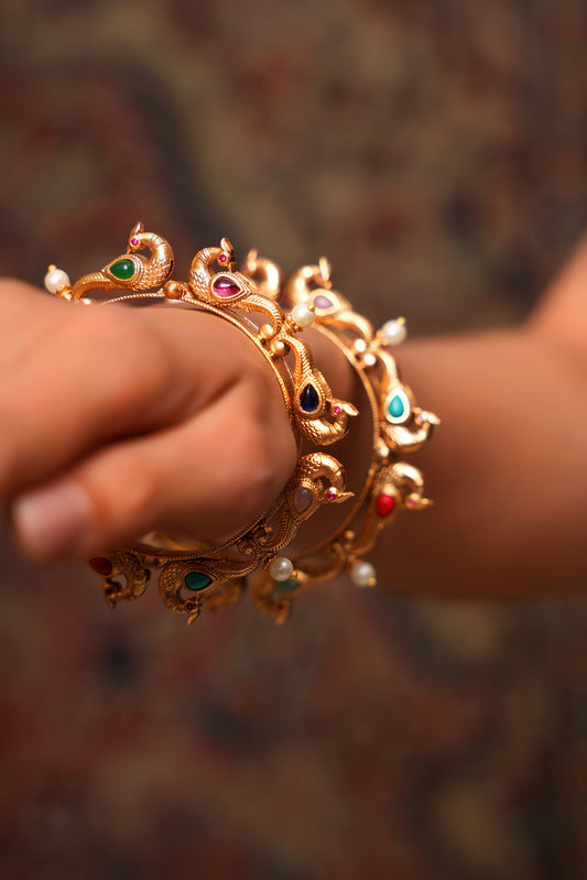 Hand-carved Navratna Peacock Kada & Multi-Stone Bangle Set — Heritage Hand Jewellery (Set of 2)