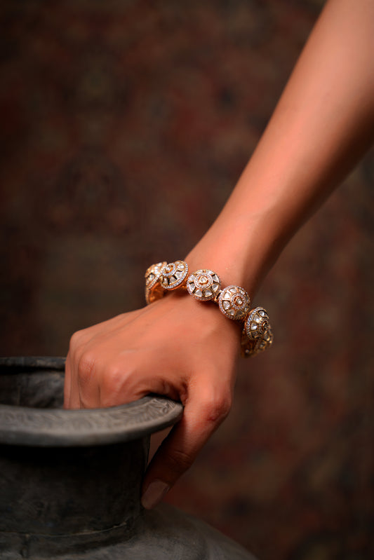 Geometric Lotus Chakra Moissanite Polki Bangle in 22 Karat Gold Plating — Statement Jewellery