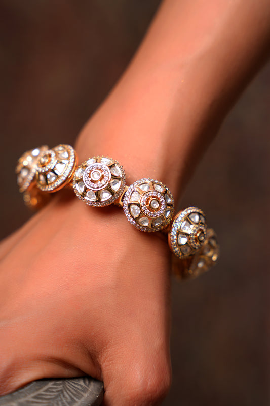 Geometric Lotus Chakra Moissanite Polki Bangle in 22 Karat Gold Plating — Statement Jewellery