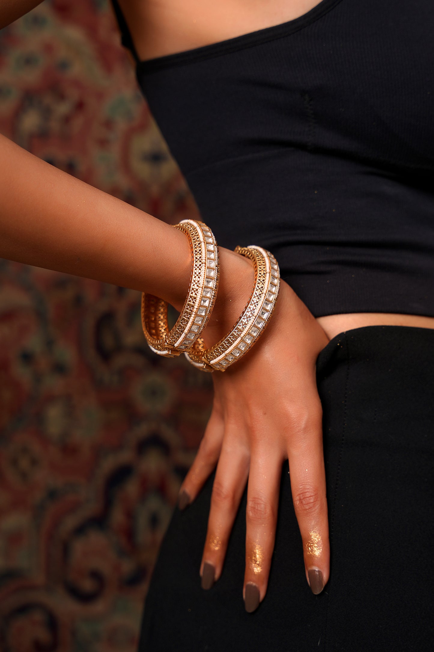 Moissanite Polki Kundan Gold-Finish Bridal Bangle (Set of 2) — Mughal Heritage