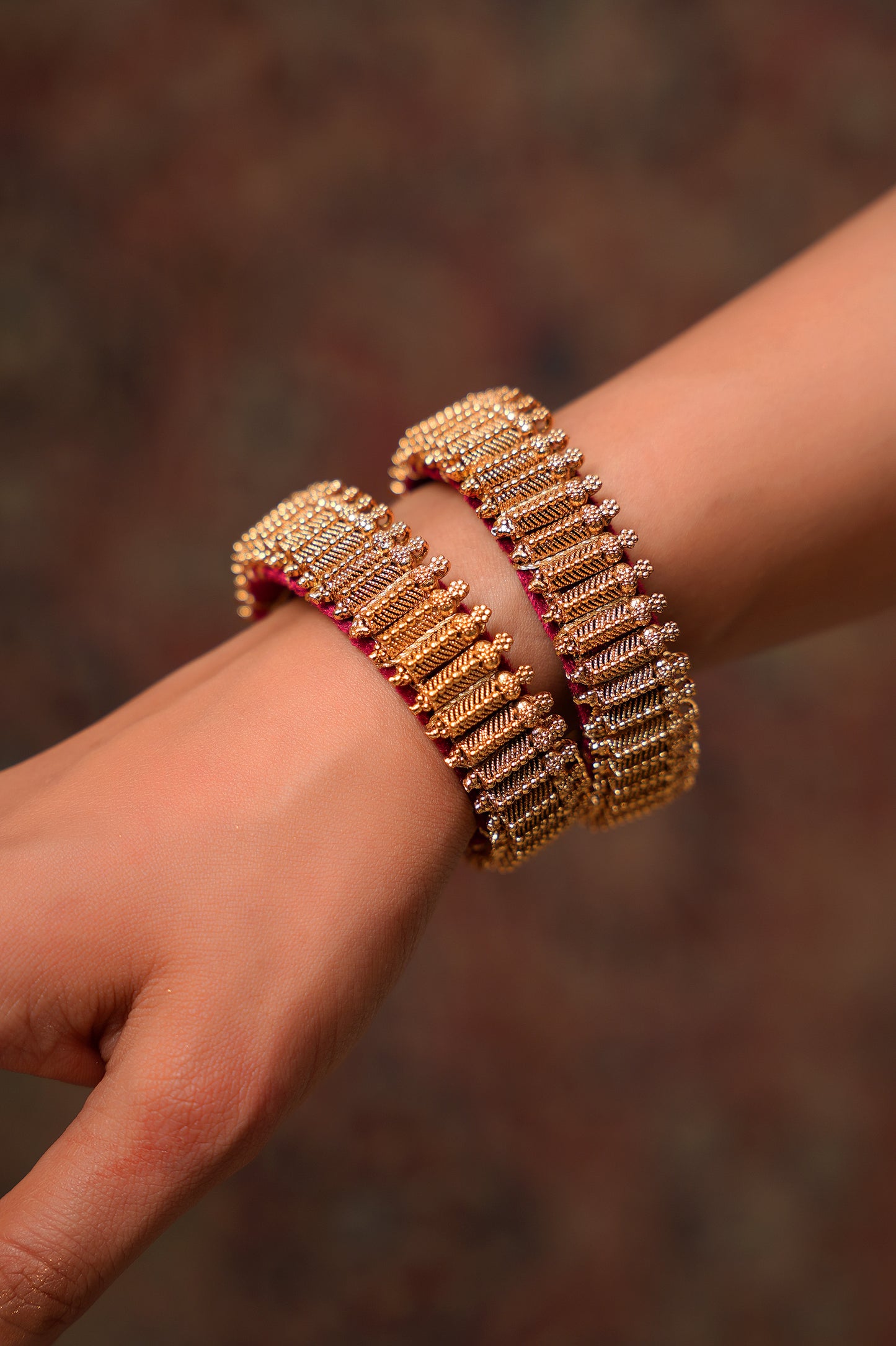 Antique Gold Textured Link Bangle Set on Fuchsia Thread (Set of 2) — Temple-Inspired