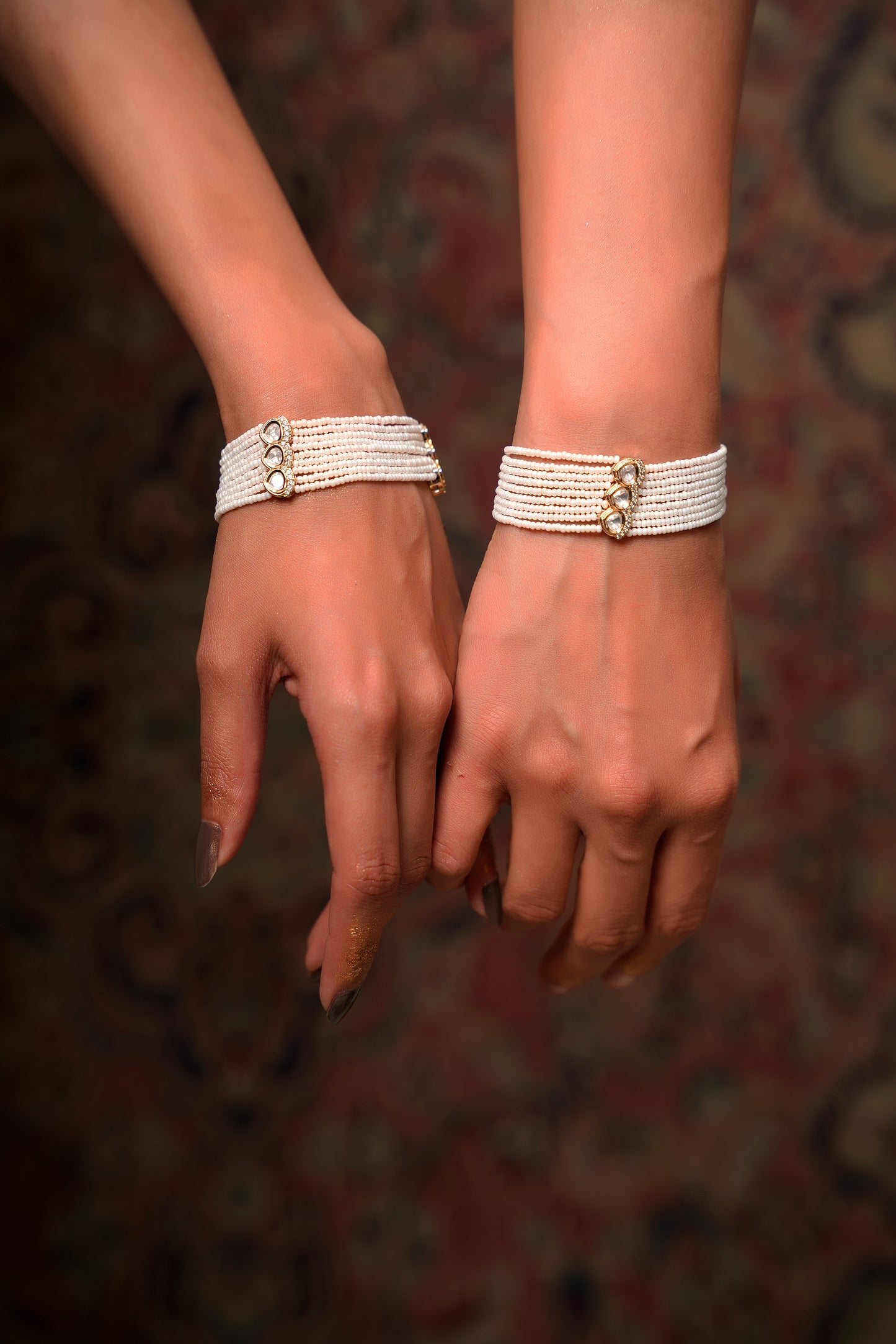 Multi-Strand Pearl Bracelet with Moissanite Polki Kundan Clasp — Contemporary Chic