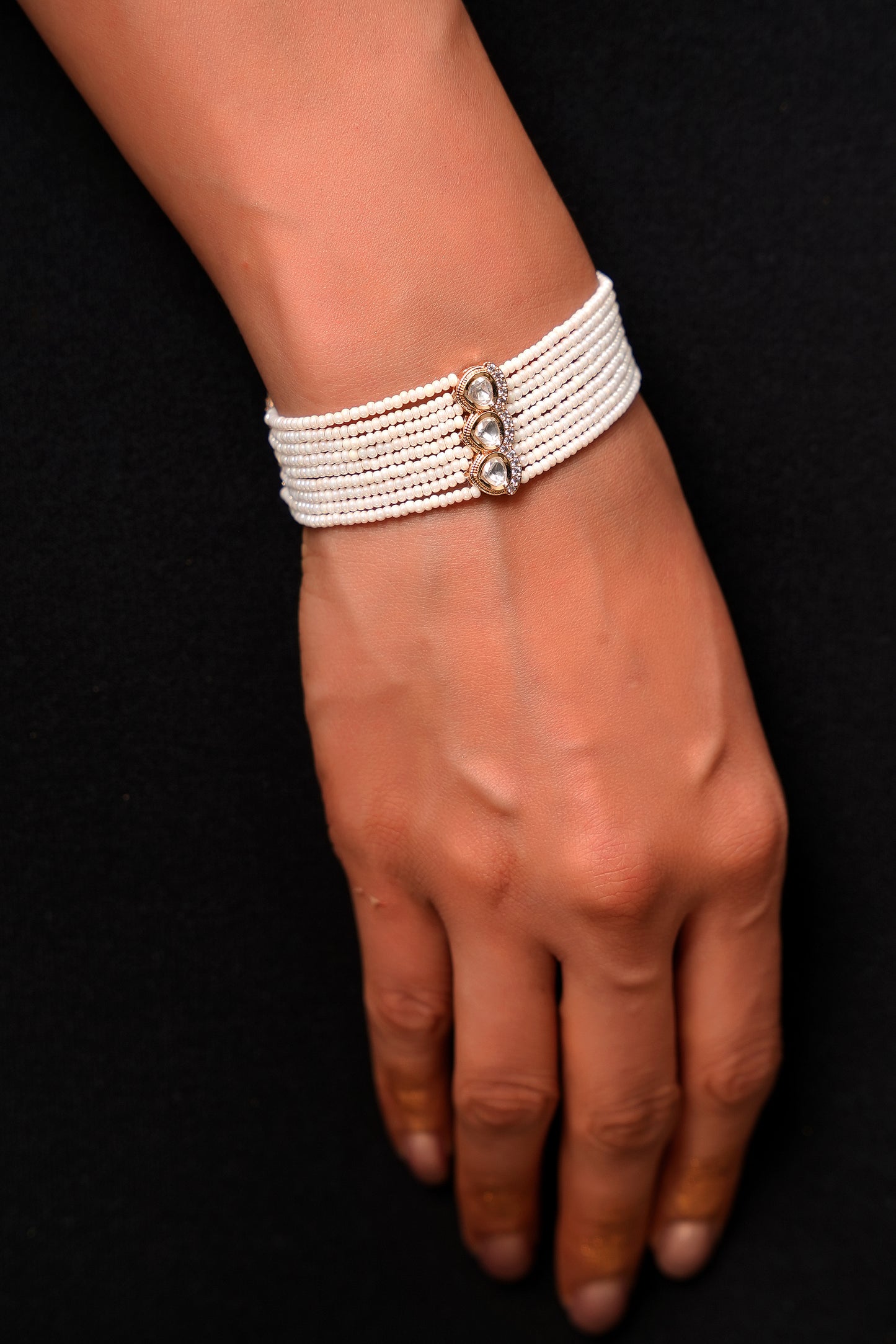 Multi-Strand Pearl Bracelet with Moissanite Polki Kundan Clasp — Contemporary Chic