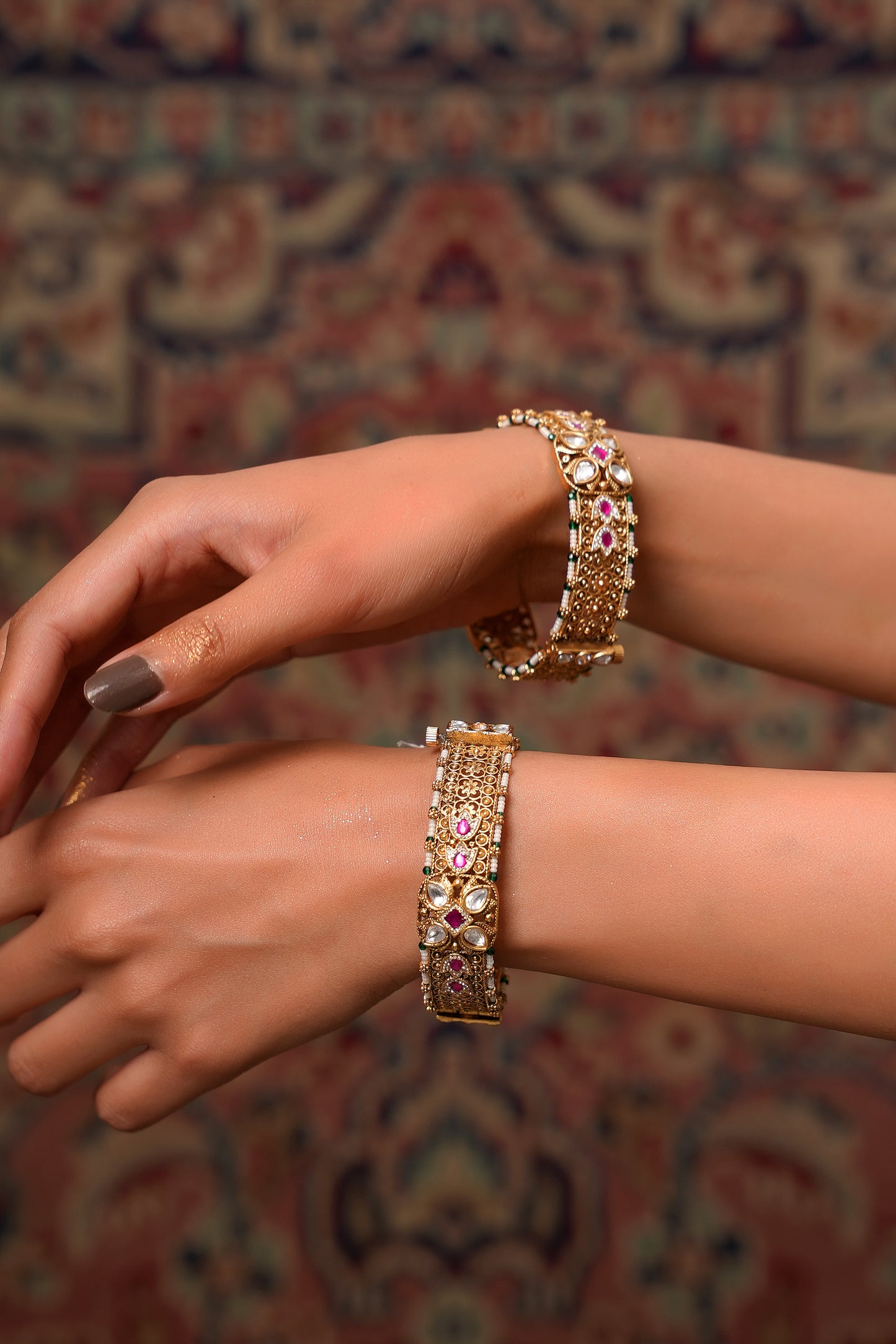 Gold-Plated Moissanite Polki & Ruby Bracelet with Seed Pearl Detail Kangan (Set of 2) — Bridal