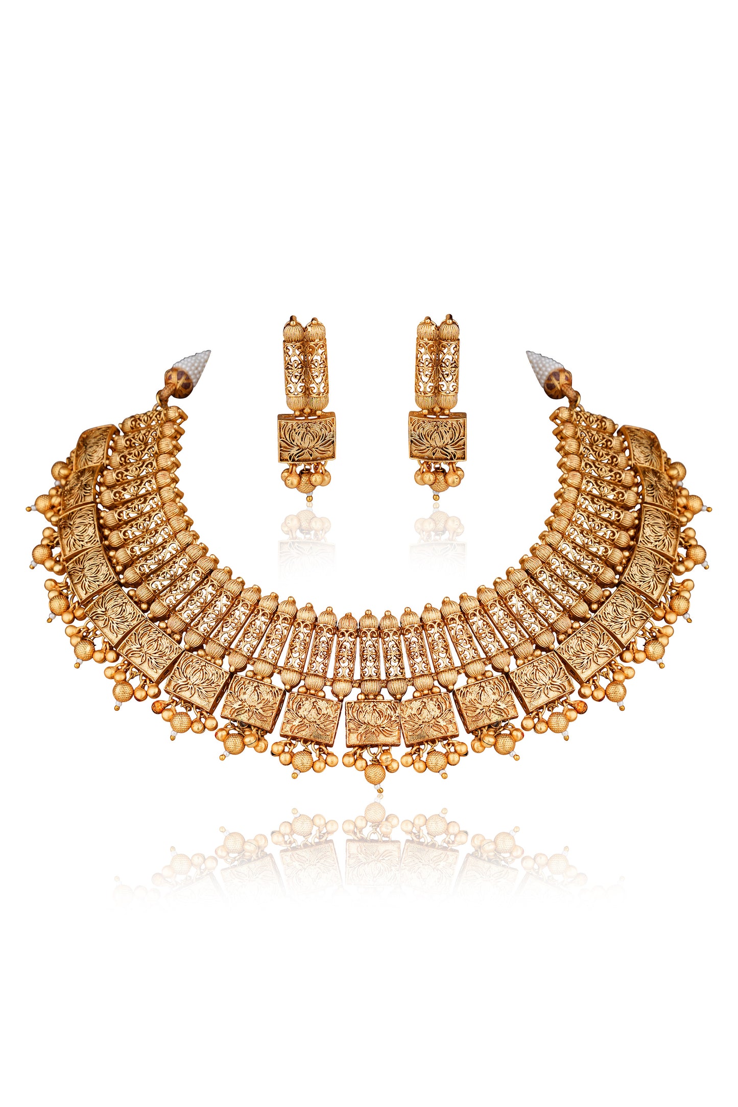 Antique Gold Filigree Lotus Choker Necklace & Earring Set — Heritage Craft (Set of 2)