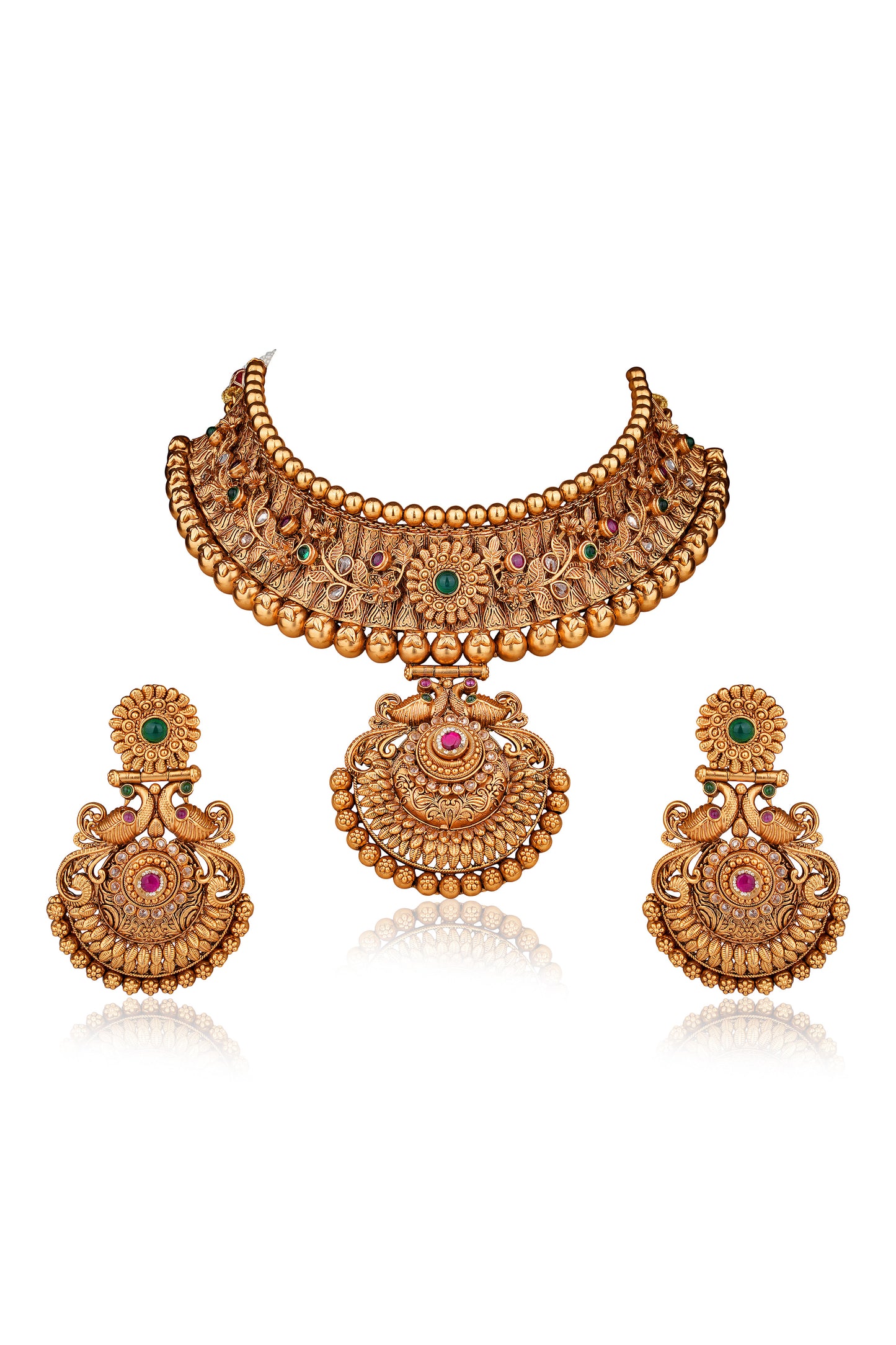 Antique Gold Temple Peacock Necklace Set with Maang Tikka — South Indian Bridal (Set of 3)