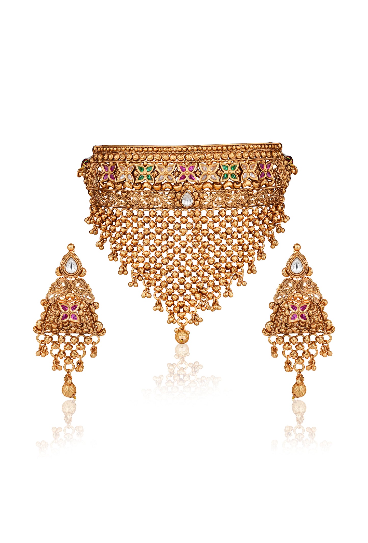 Antique Gold Ghungroo Choker & Jhumka Set with Maang Tikka — Rajput Bridal (Set of 3)