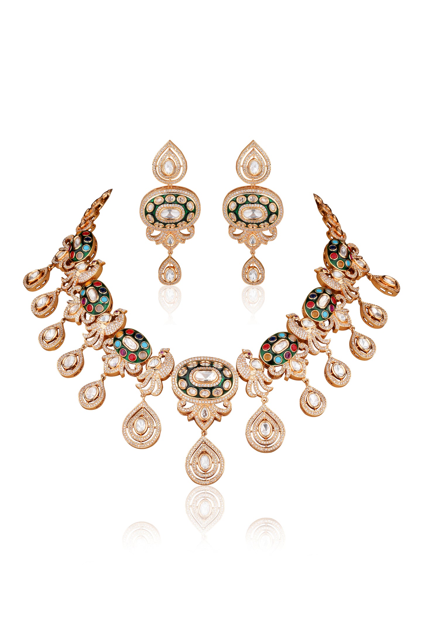 22K Rose Gold Navratan Moissanite Polki & American Diamond Drop Necklace & Earring Set — Bridal (Set of 2)