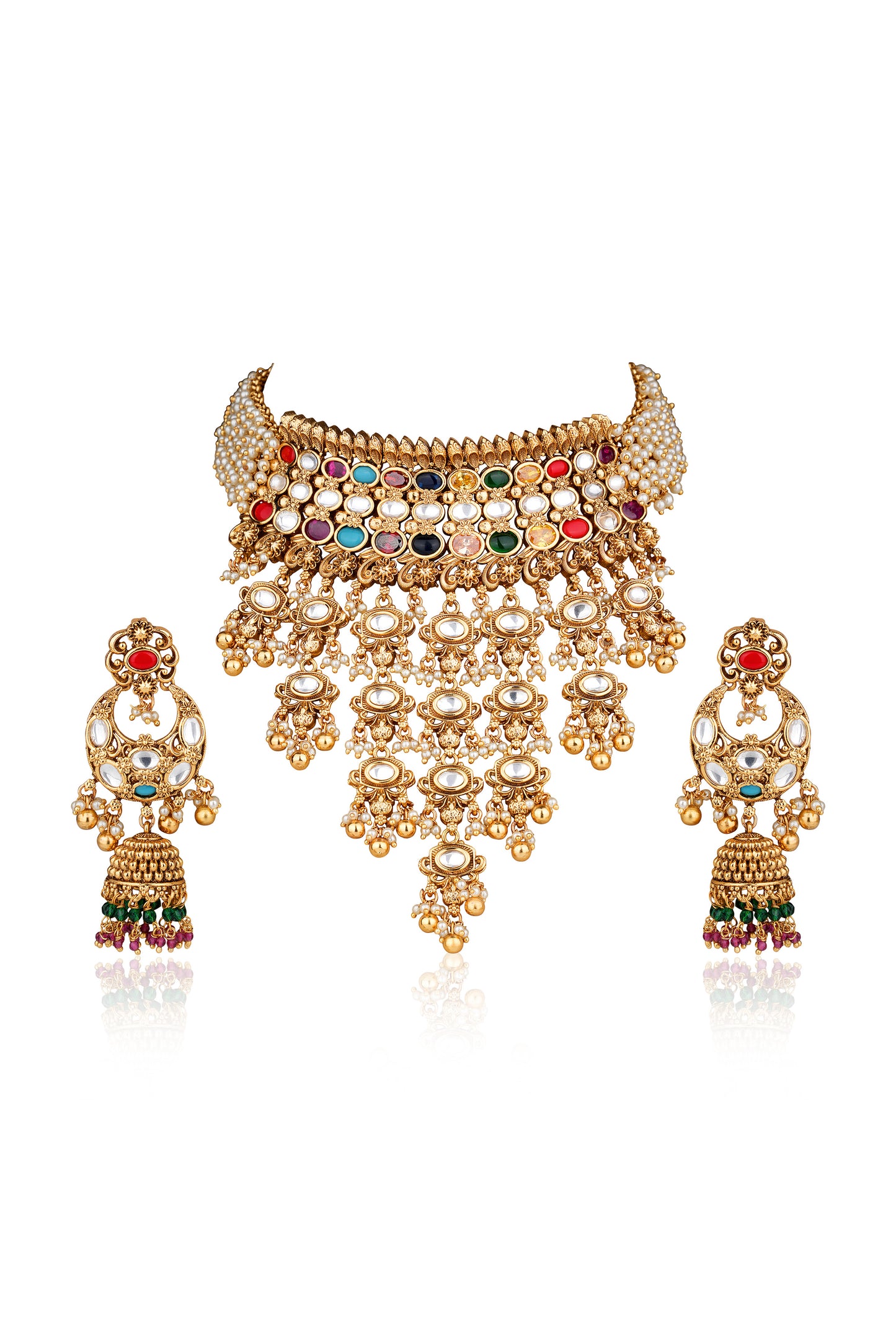 22K Gold-Finish Navratan Moissanite Polki Seed Pearl Haar & Chandbali Jhumka Earring Set (Set of 2)