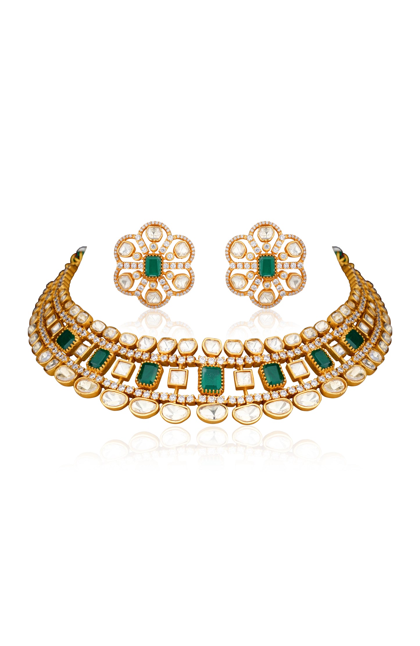 22K Gold Finish Moissanite Polki, Green Agate & American Diamond Layered Necklace & Earring Set — Festive Statement (Set of 2)